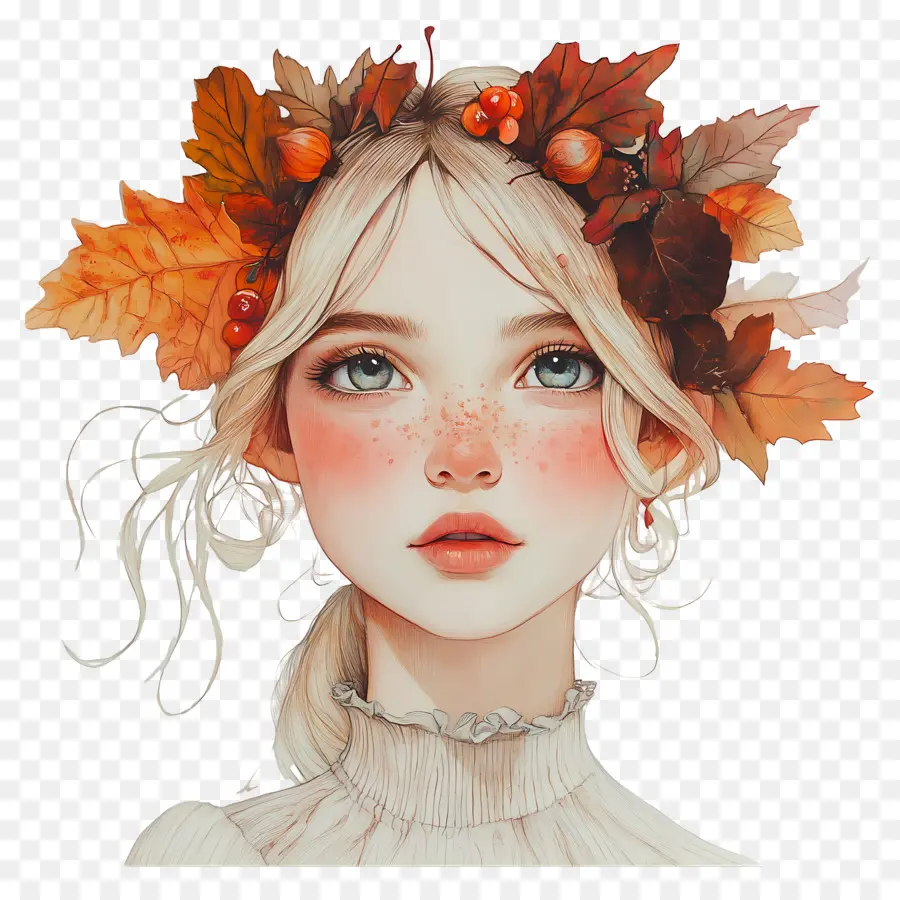 Fille D'automne，Fille Avec Des Feuilles D'automne PNG