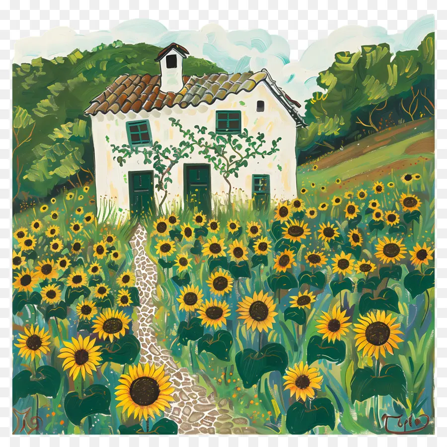 Maison De Campagne，Maison Avec Tournesols PNG