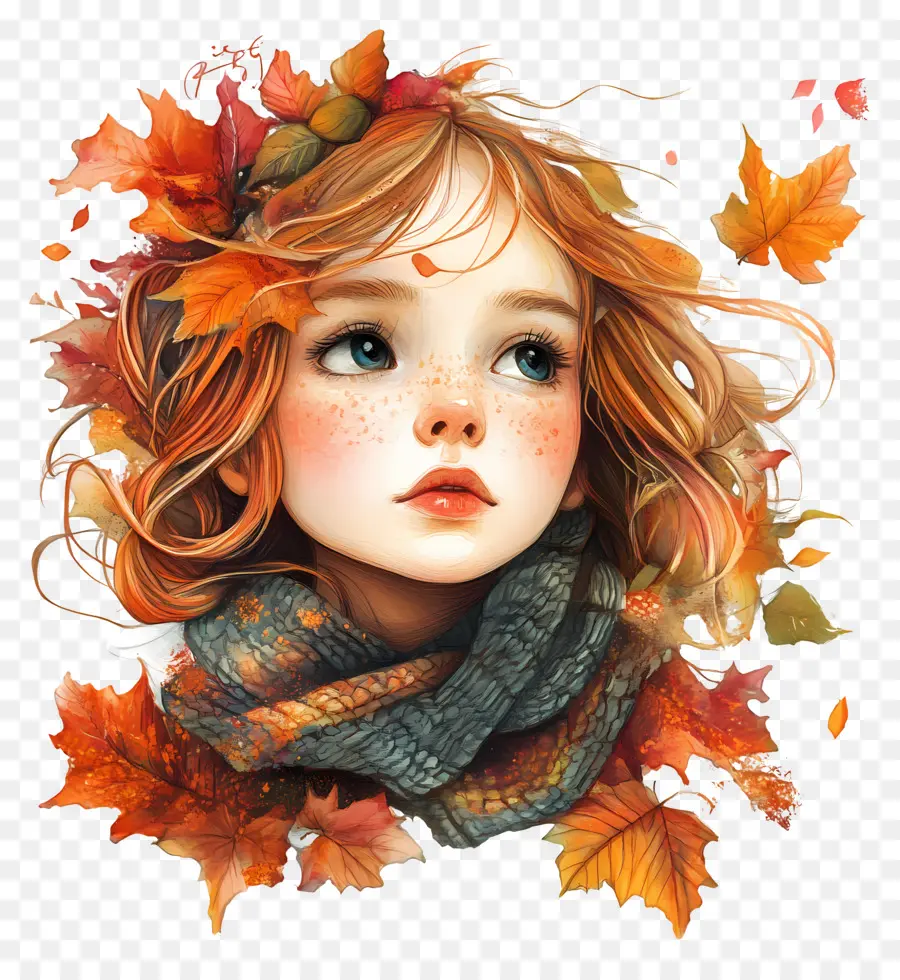 Fille D'automne，Feuilles PNG