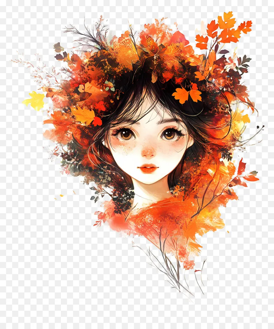 Fille D'automne，Feuilles PNG