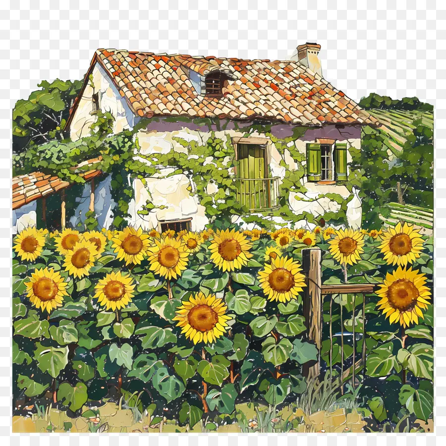 Maison De Campagne，Champ De Tournesol PNG