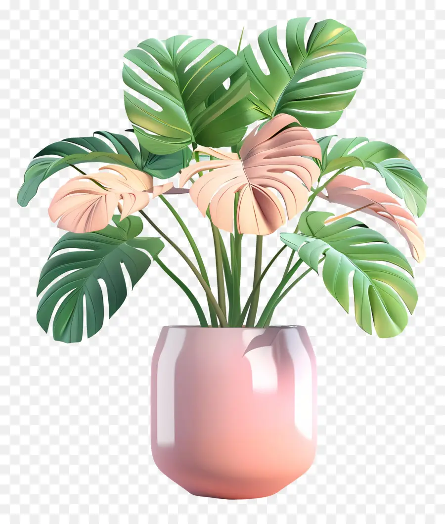 Plante Tropicale En Pot，Vase Rayé Avec Feuilles PNG