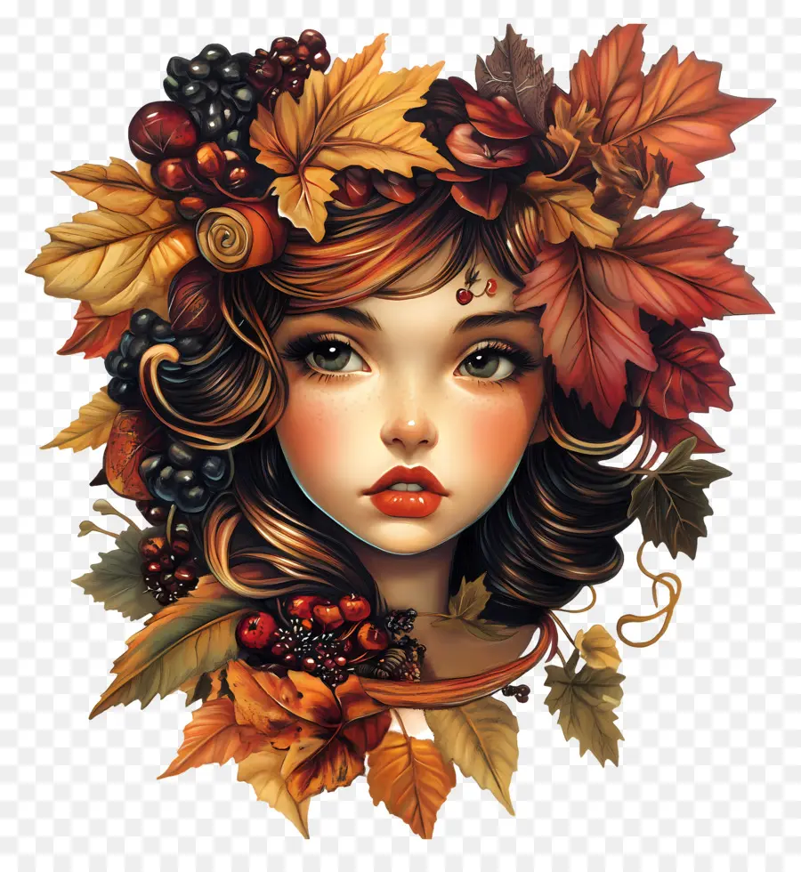 Fille D'automne，Fille Avec Des Feuilles D'automne PNG