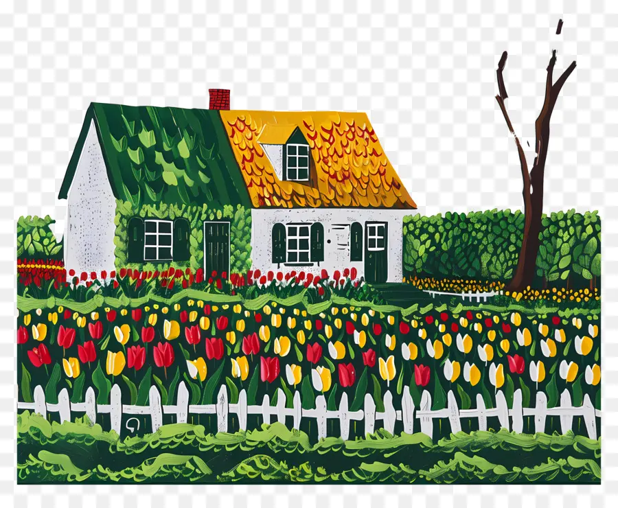 Maison De Campagne，Maison Avec Des Tulipes PNG