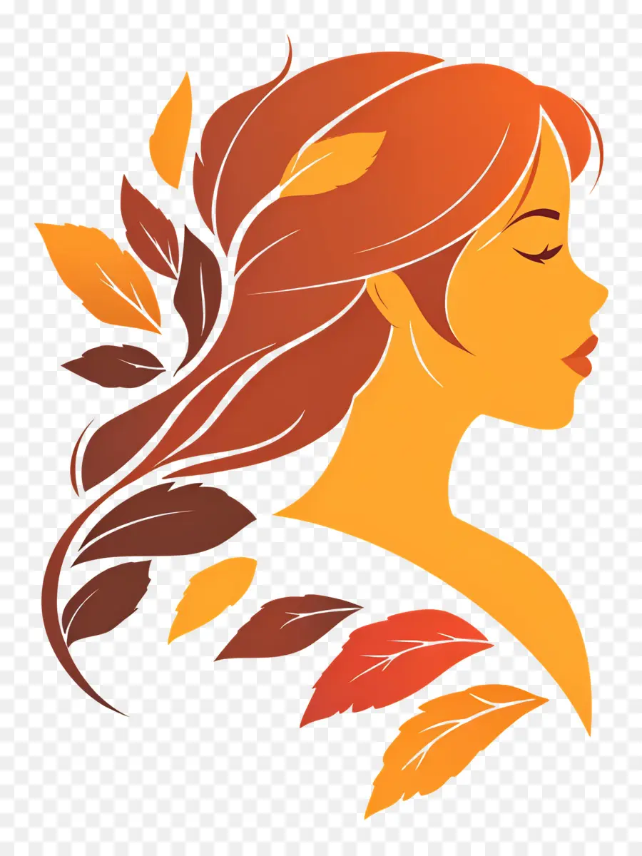 Fille D'automne，Profil D'une Femme Avec Des Feuilles PNG