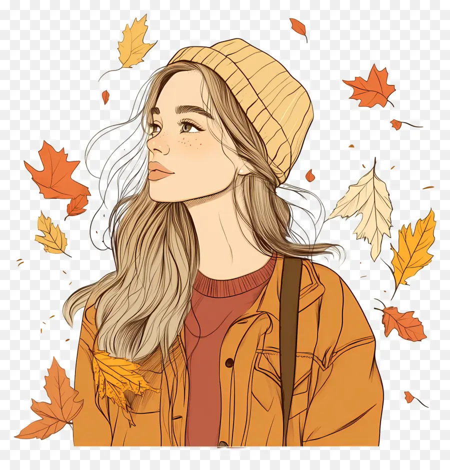 Fille D'automne，Fille Avec Des Feuilles D'automne PNG