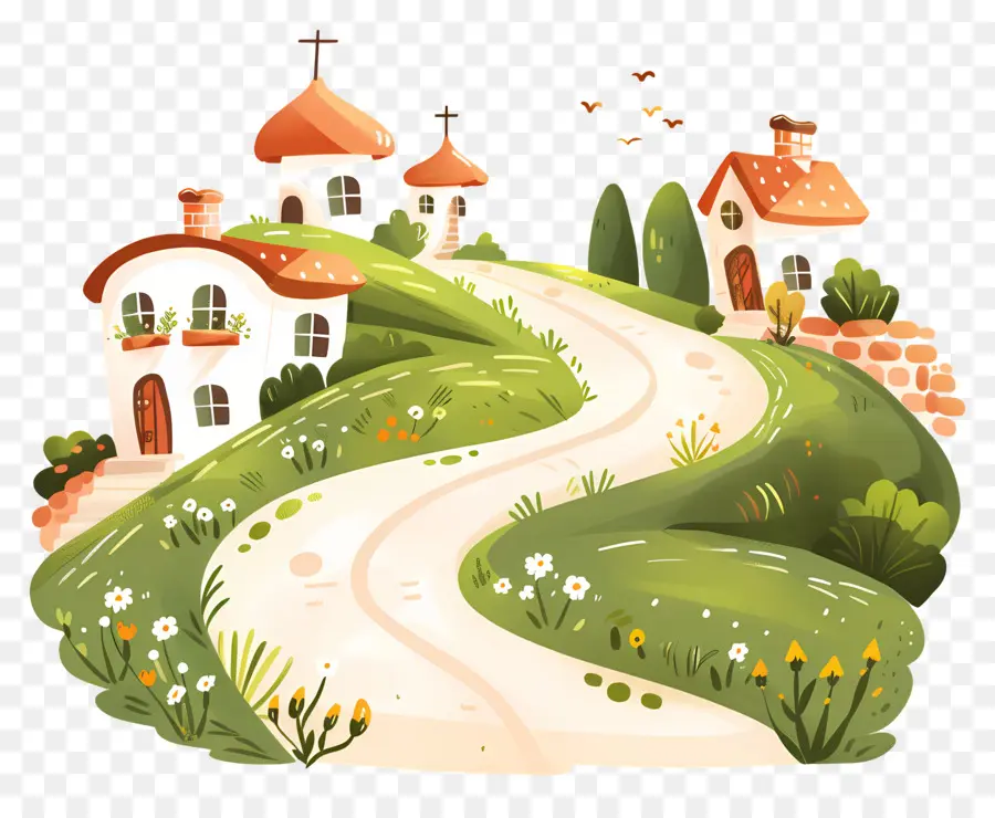 Route Du Village，Village De Dessins Animés PNG