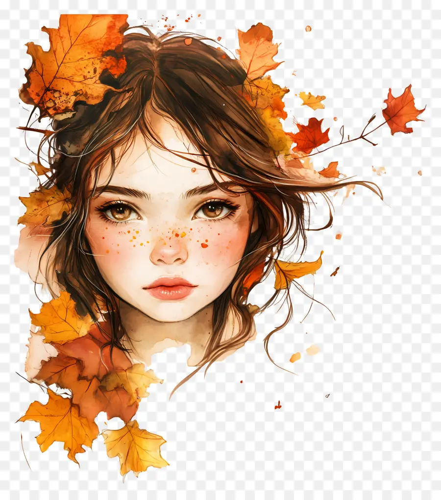 Fille D'automne，Fille Avec Des Feuilles PNG