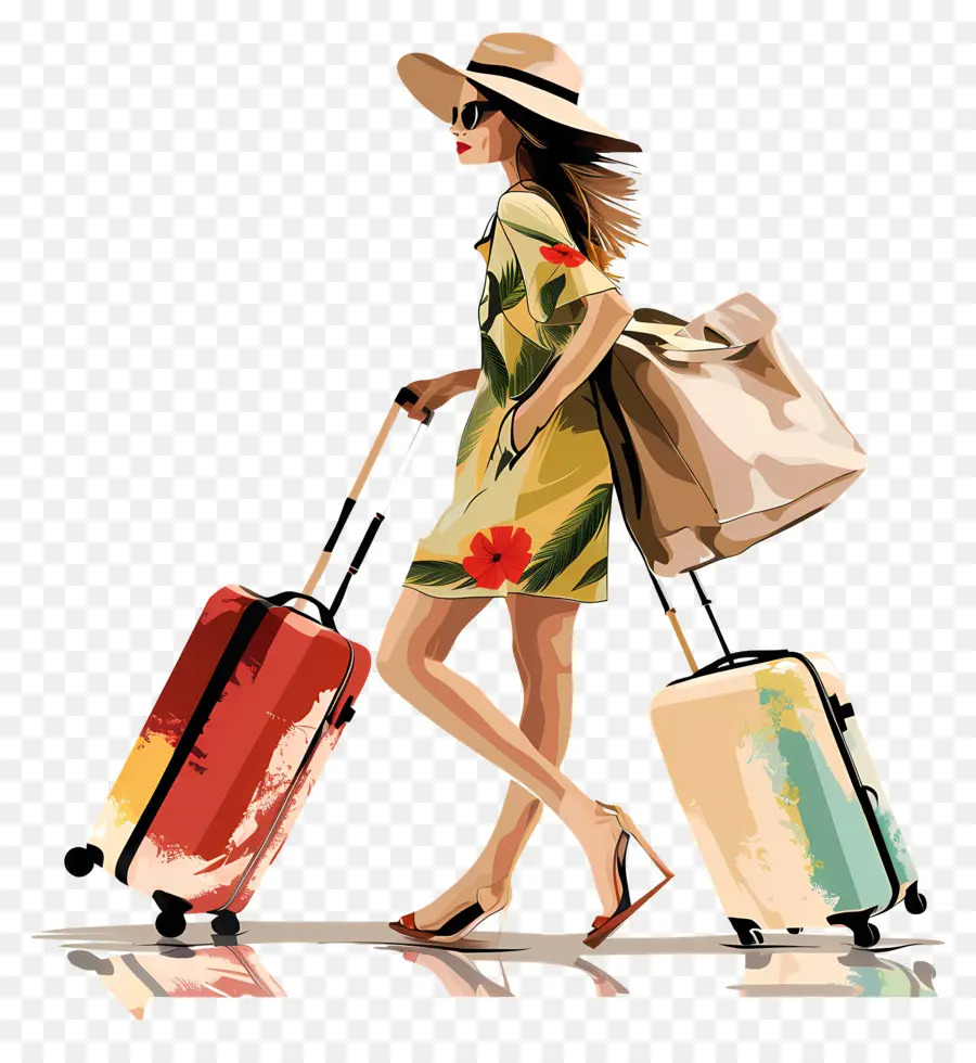 Femme Vacances，Femme Avec Bagages PNG