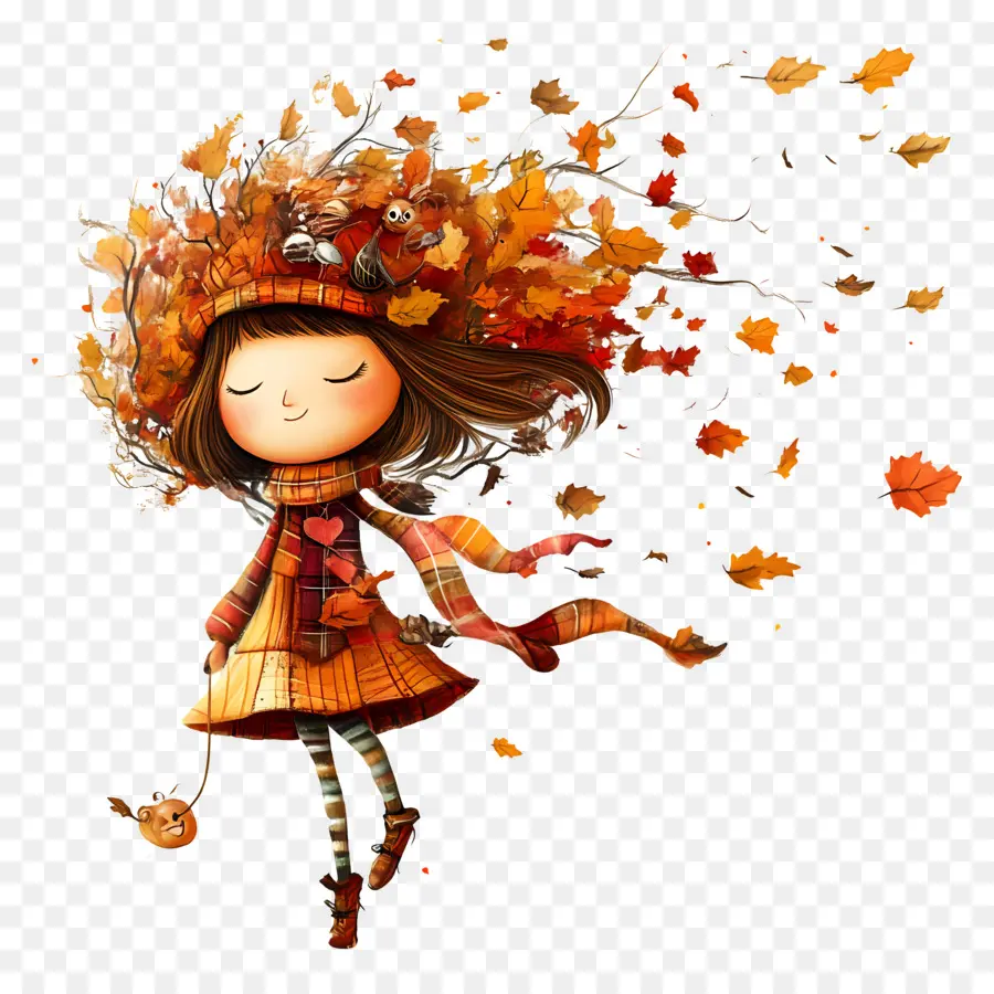 Fille D'automne，Feuilles PNG