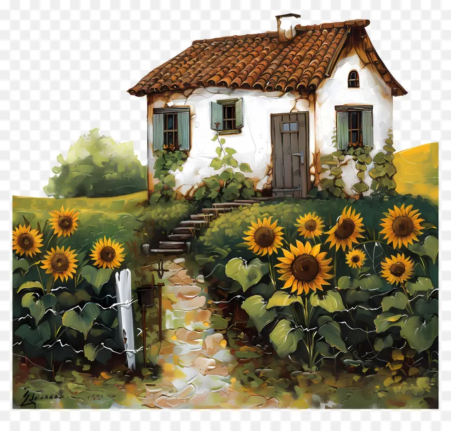 Maison De Campagne，Maison Avec Tournesols PNG