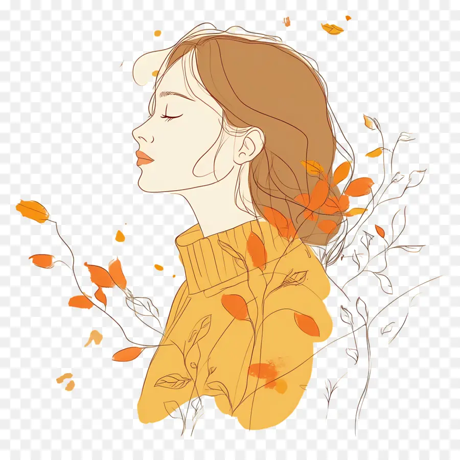 Fille D'automne，Fille Avec Des Feuilles PNG