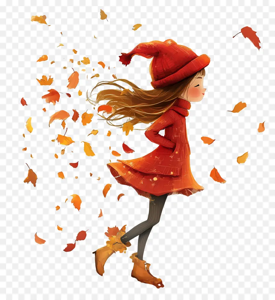 Fille D'automne，Fille Avec Des Feuilles PNG