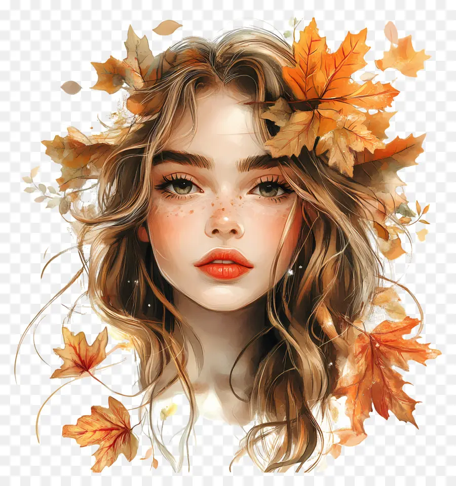 Fille D'automne，Fille Avec Des Feuilles PNG