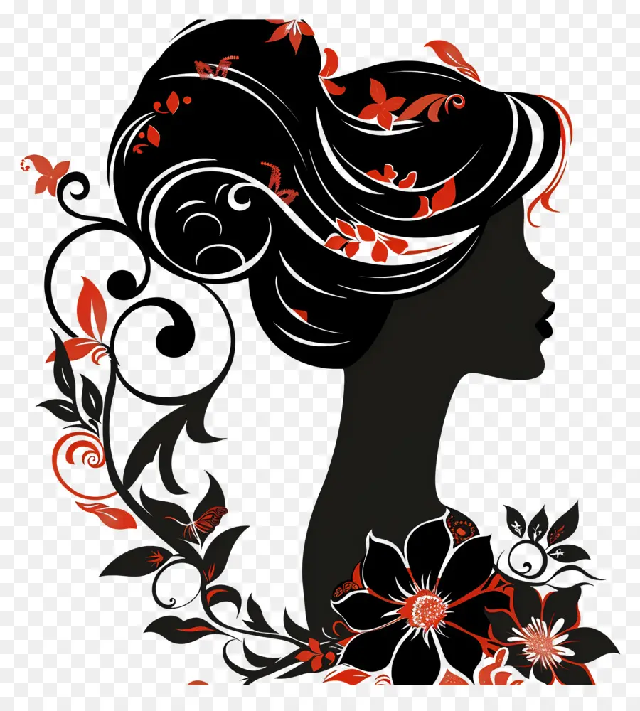 Silhouette De Femme De Beauté，Silhouette Avec Motif Floral PNG