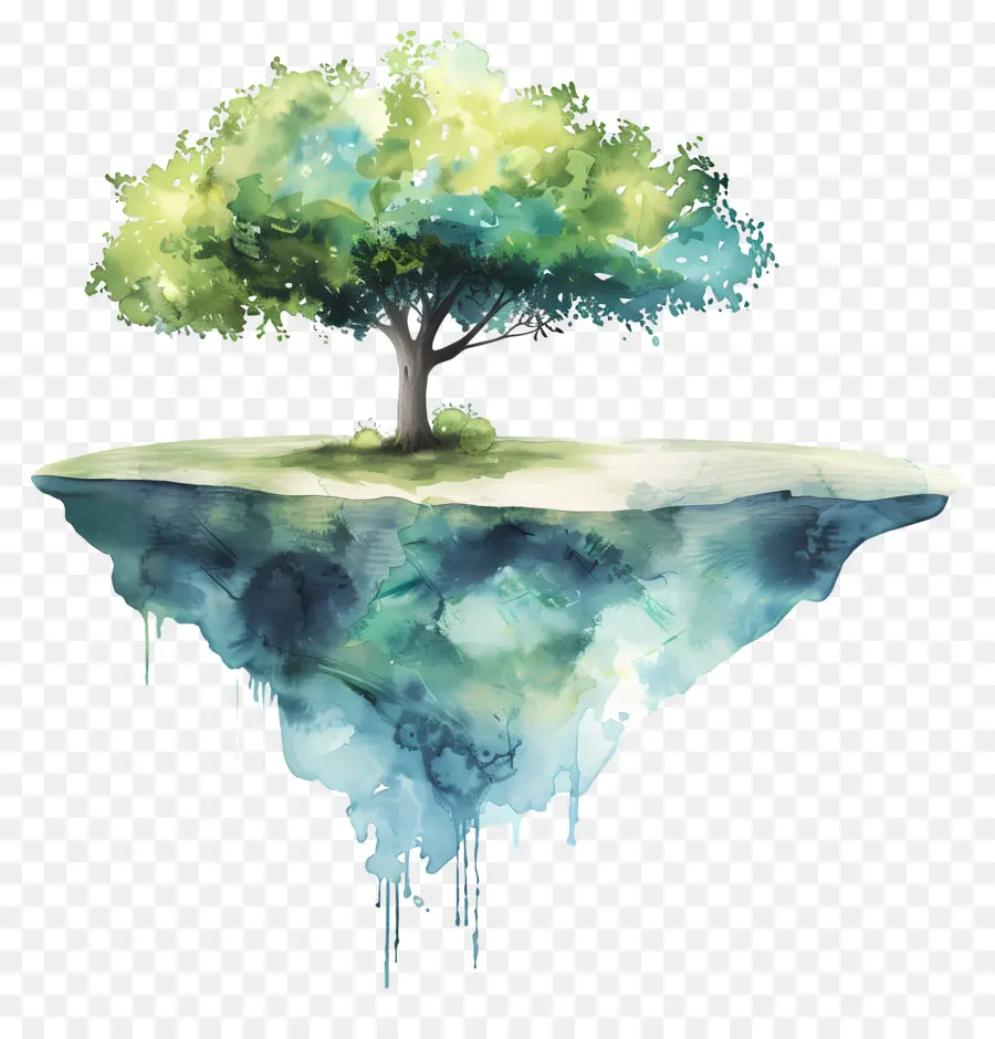 Arbre Aquarelle，Île Flottante PNG