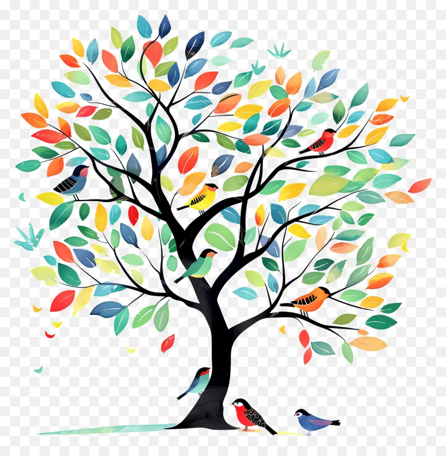 Arbre Avec Des Oiseaux，Feuilles PNG