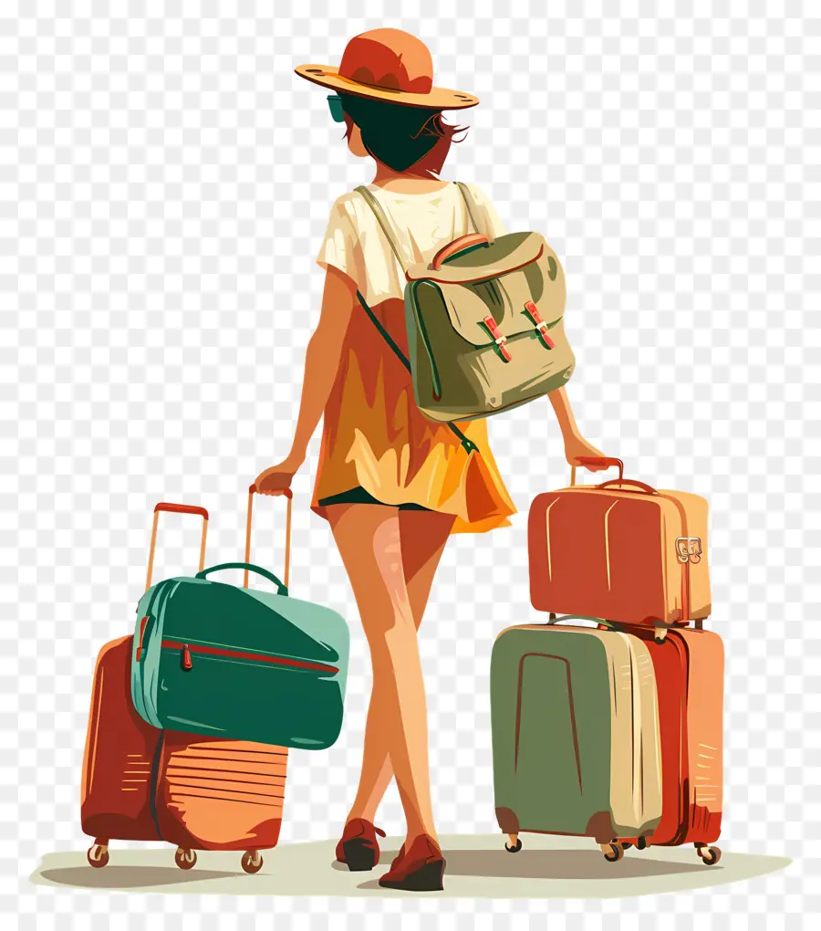 Femme Vacances，Femme Avec Bagages PNG