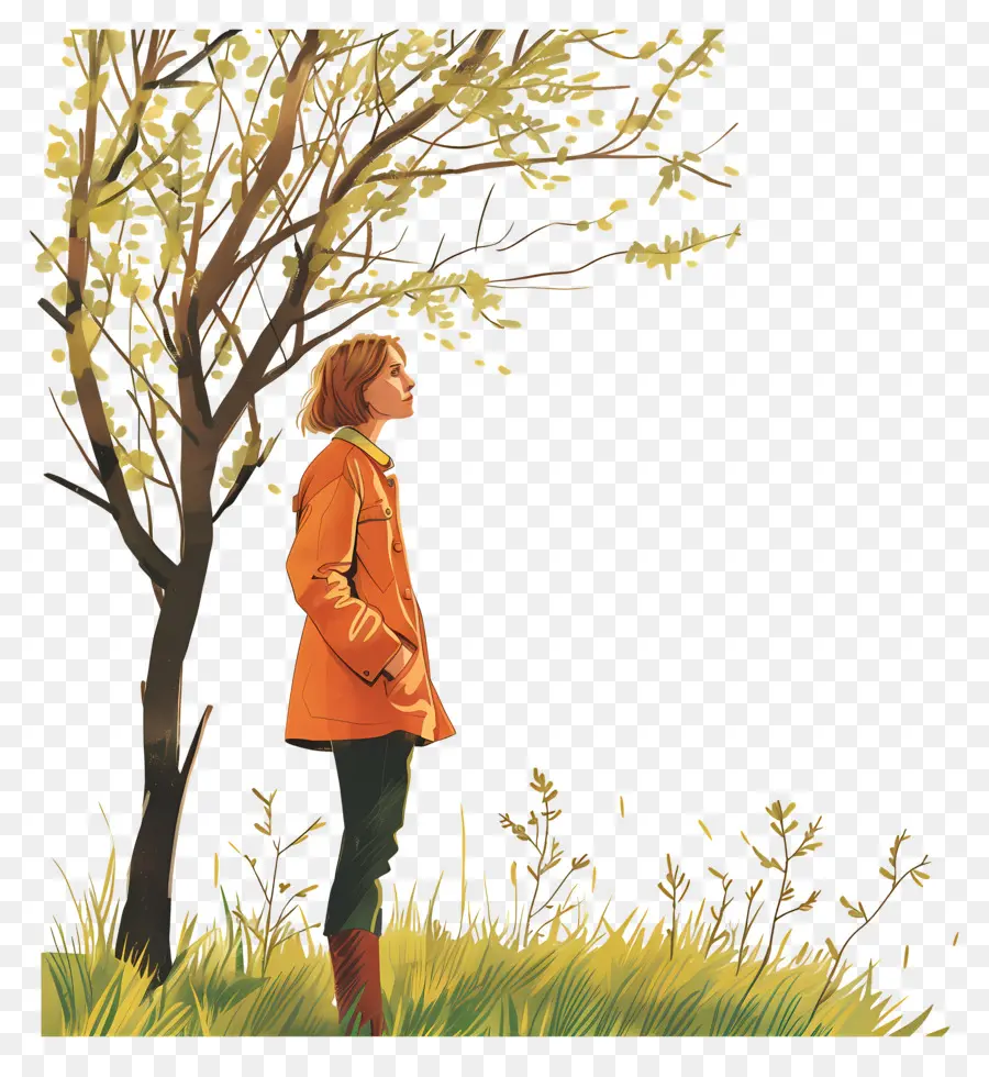 Femme Au Printemps，Femme Et Arbre PNG