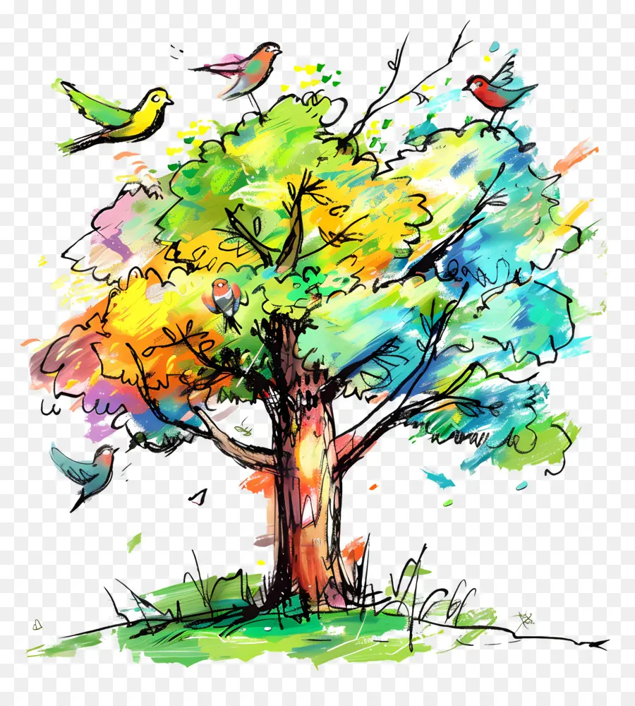 Arbre Avec Des Oiseaux，Arbre Coloré PNG