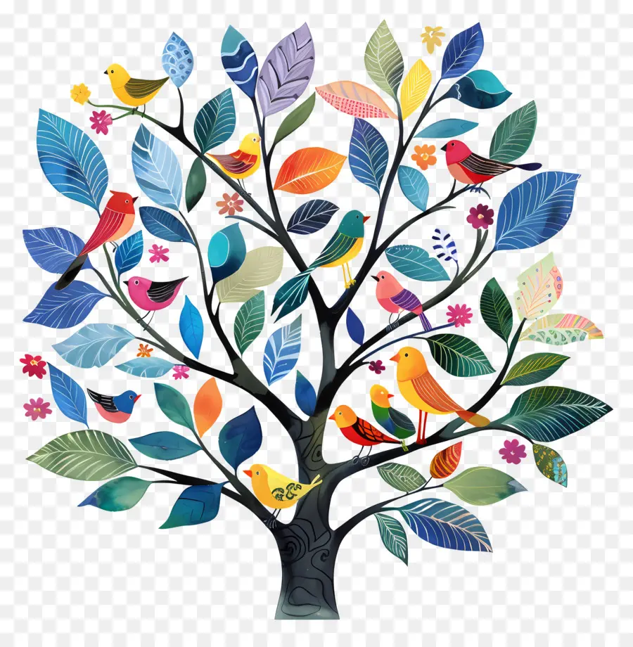 Arbre Avec Des Oiseaux，Arbre Coloré PNG