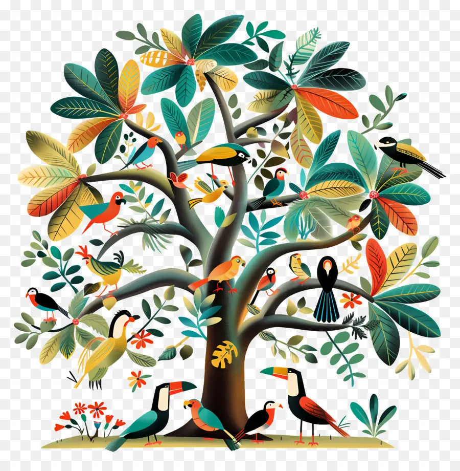 Arbre Avec Des Oiseaux，Oiseaux Colorés PNG