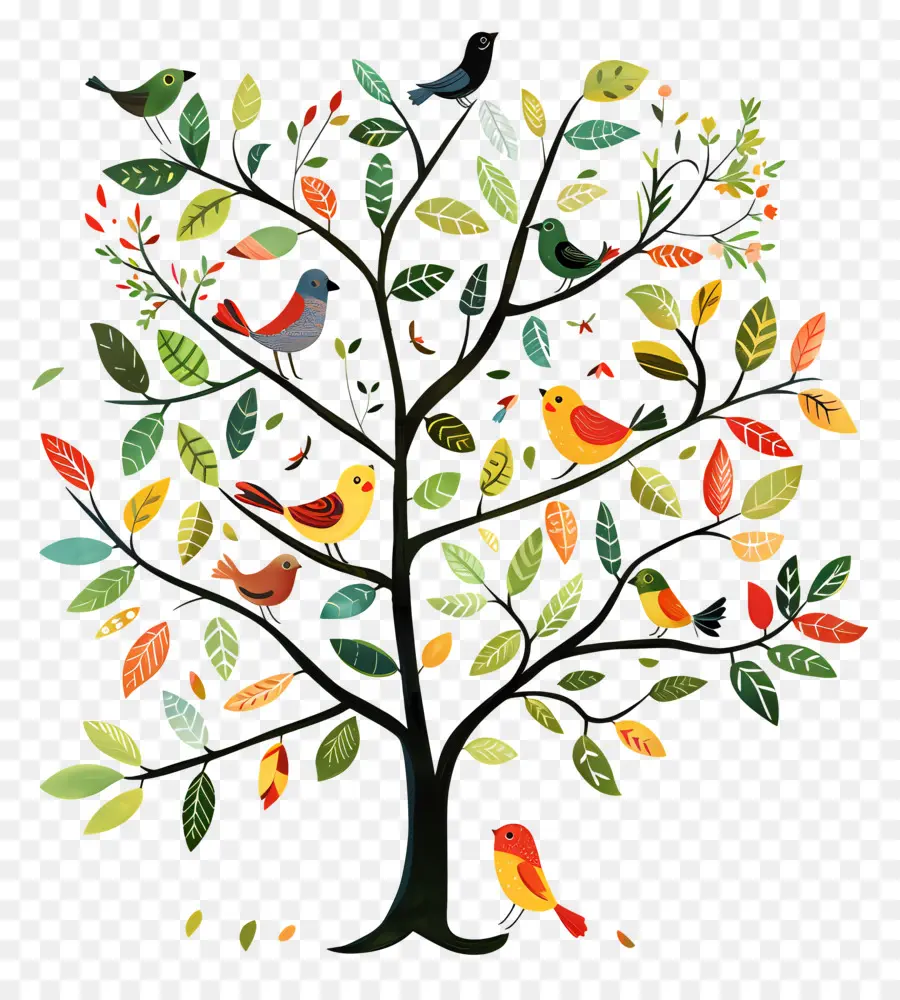 Arbre Avec Des Oiseaux，Coloré PNG