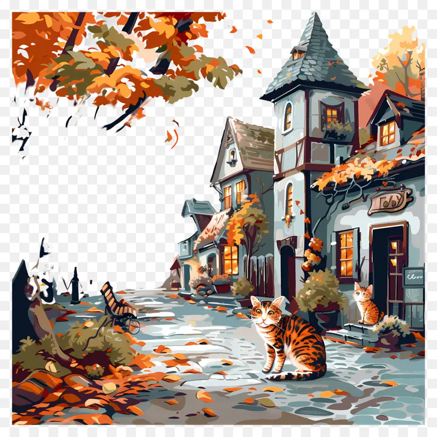 Rue Du Village，Village D'automne Avec Des Chats PNG