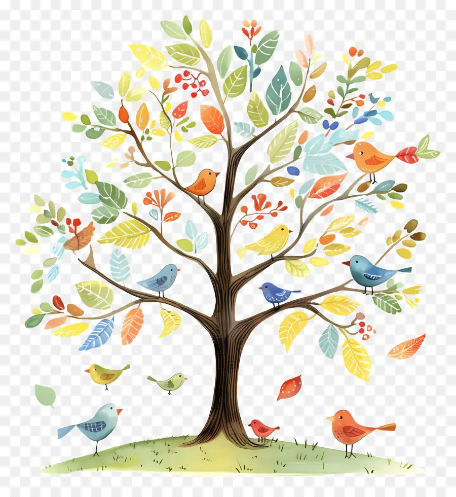 Arbre Avec Des Oiseaux，Coloré PNG