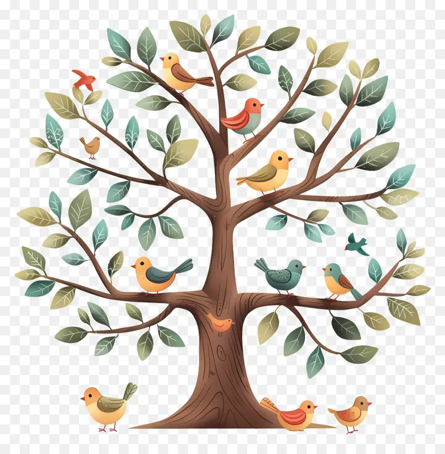 Arbre Avec Des Oiseaux，Feuilles PNG