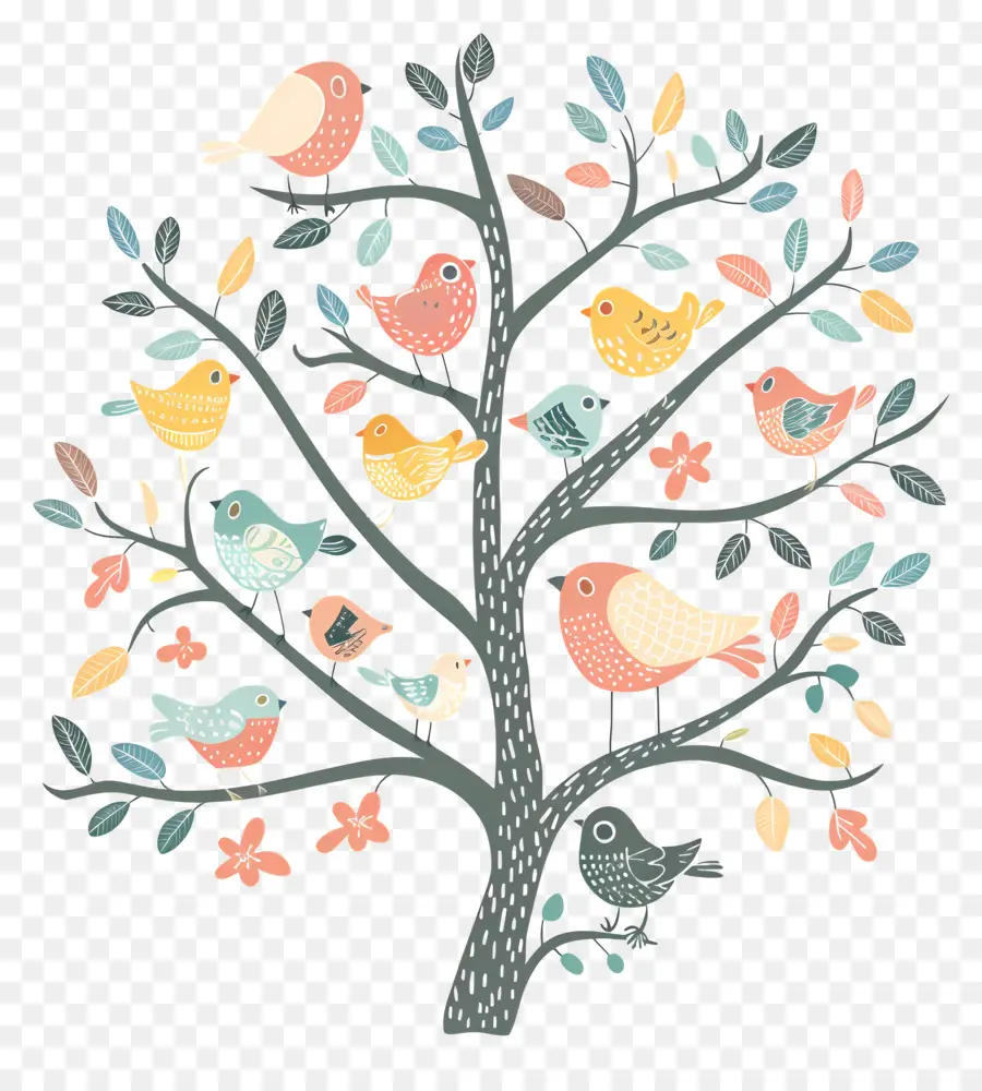 Arbre Avec Des Oiseaux，Feuilles PNG