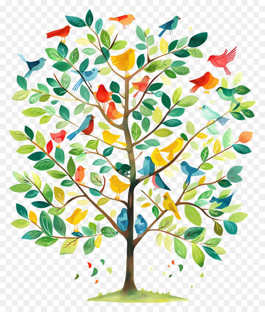 Arbre Avec Des Oiseaux，Coloré PNG