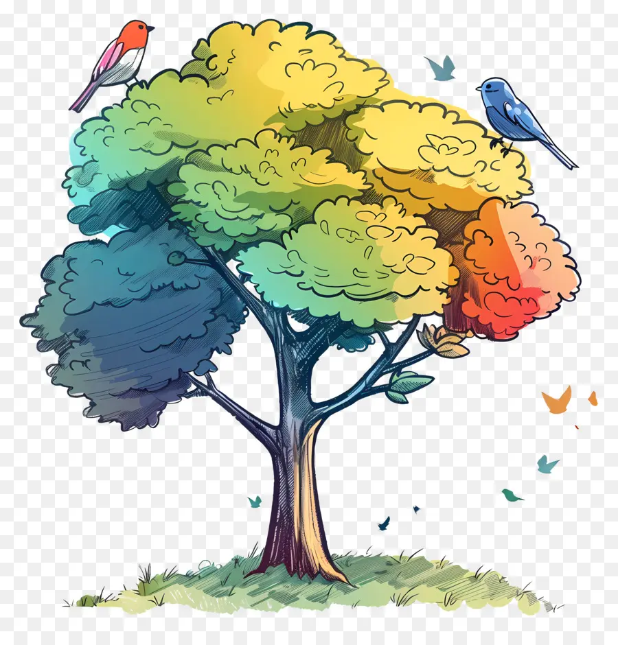 Arbre Avec Des Oiseaux，Arbre Coloré PNG