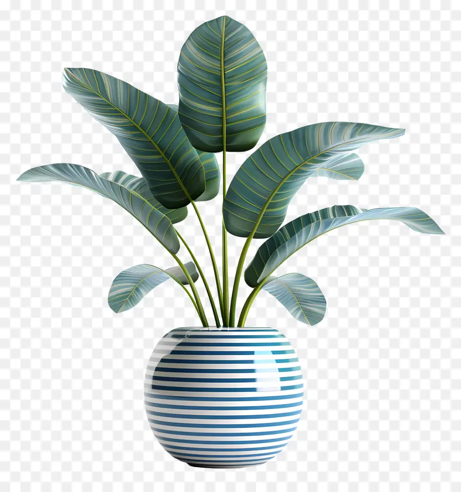 Plante Tropicale En Pot，Vase Rayé Avec Feuilles PNG