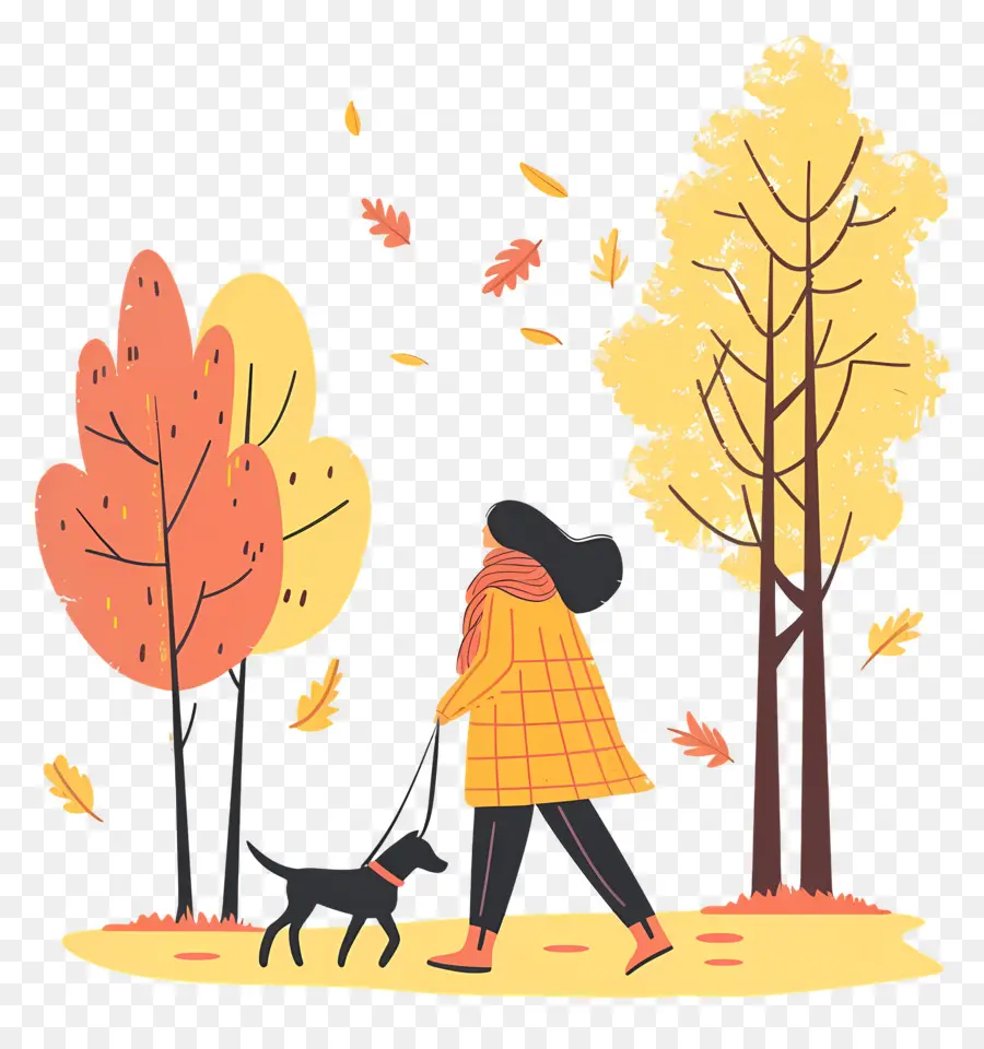 Femme Qui Promène Son Chien，Femme Promenant Son Chien En Automne PNG