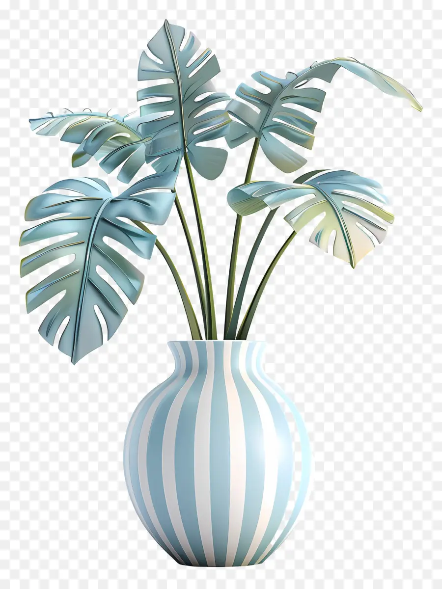 Plante Tropicale En Pot，Vase Rayé Avec Feuilles PNG