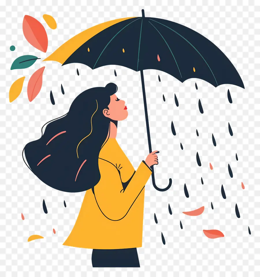 Femme Appréciant La Pluie，Femme Avec Parapluie PNG