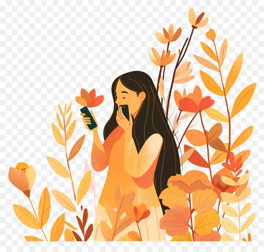 Femme Au Téléphone，Fille Avec Des Fleurs PNG