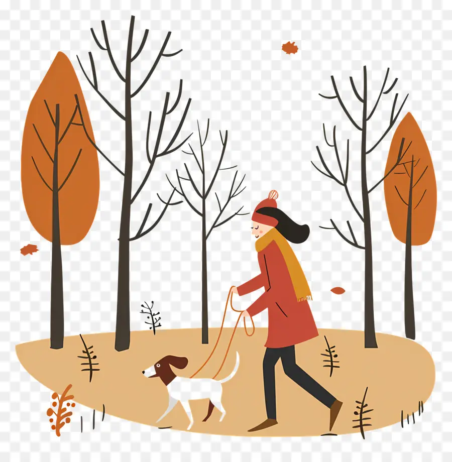 Femme Qui Promène Son Chien，Femme Promenant Son Chien En Automne PNG