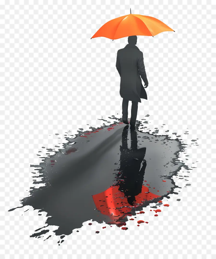 Flaque De Pluie，Homme Au Parapluie Orange PNG