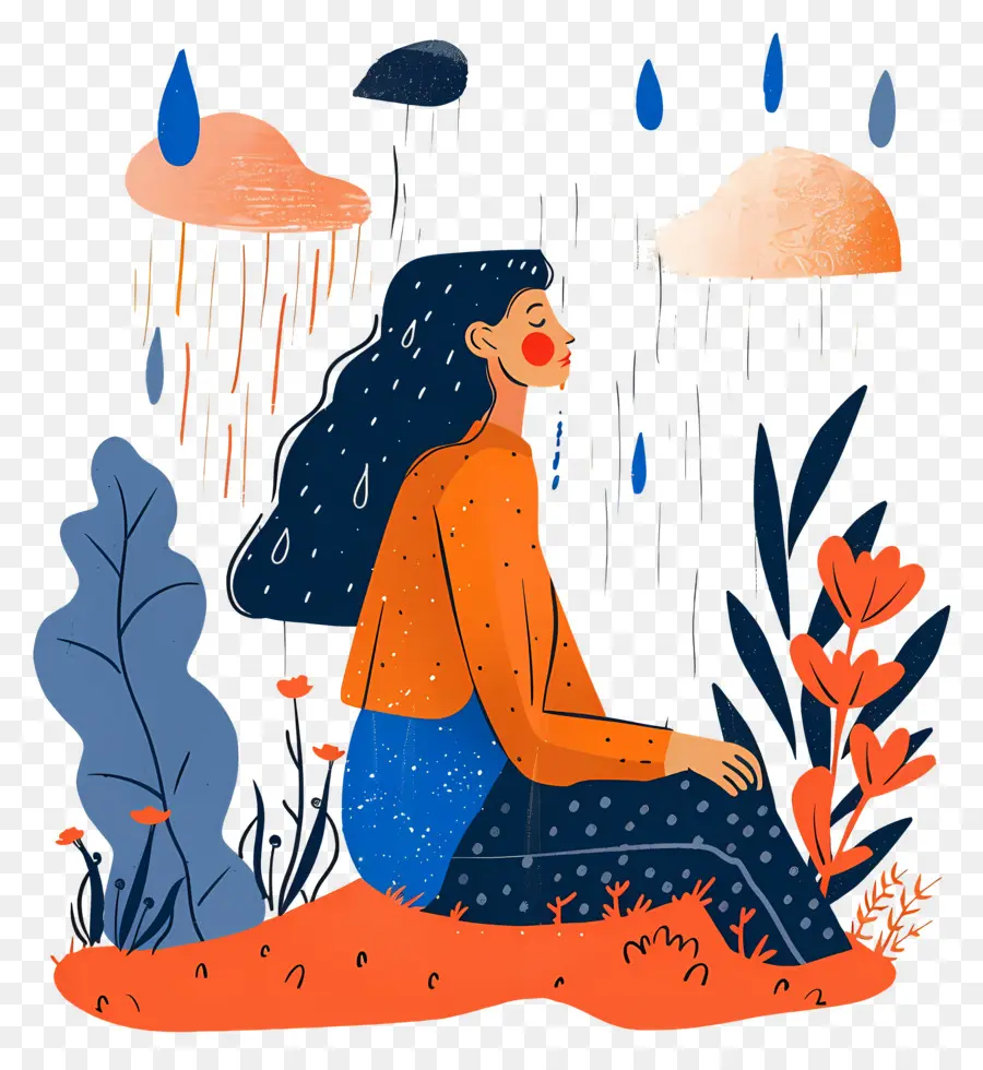 Femme Appréciant La Pluie，Fille Avec Parapluie PNG