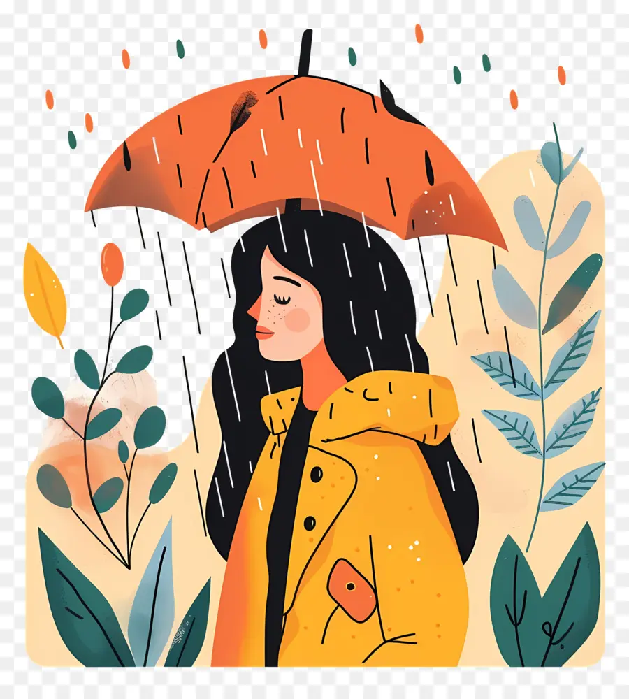 Femme Appréciant La Pluie，Fille Avec Parapluie PNG