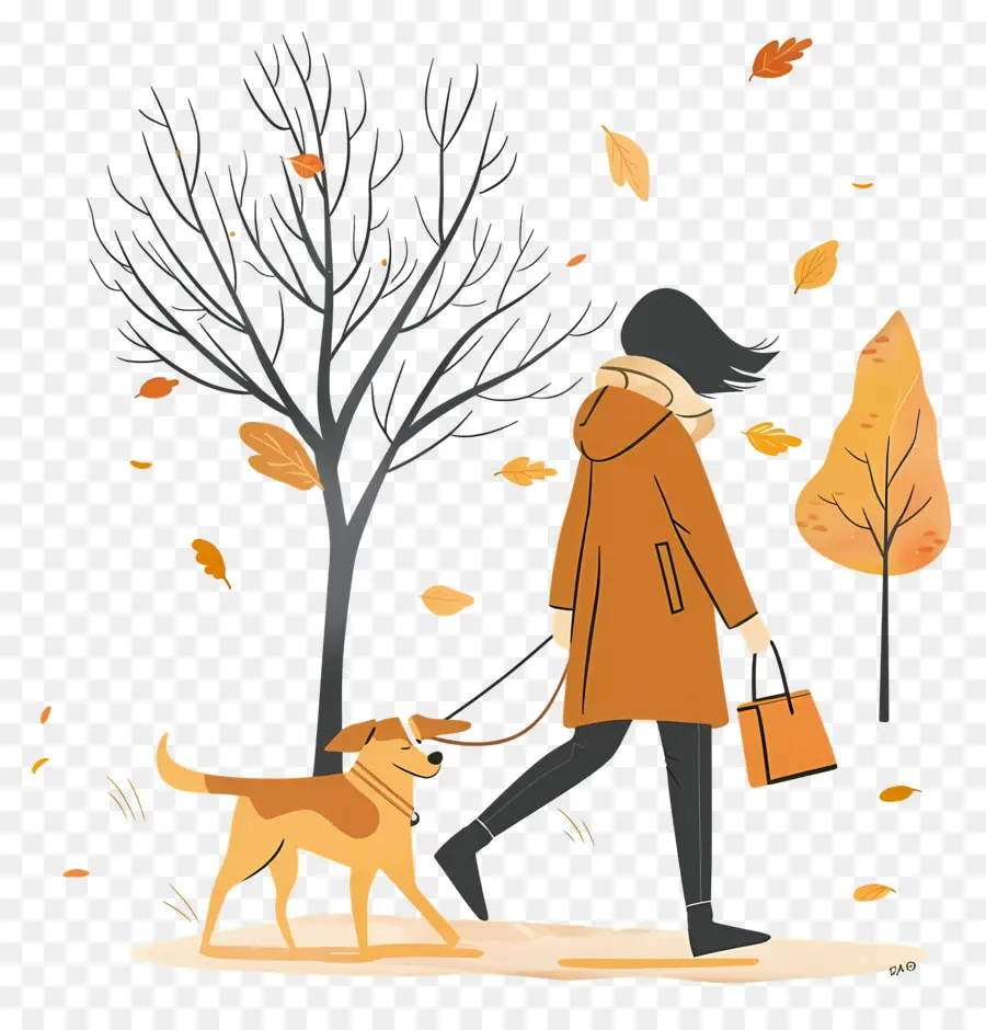 Femme Qui Promène Son Chien，Femme Promenant Son Chien En Automne PNG