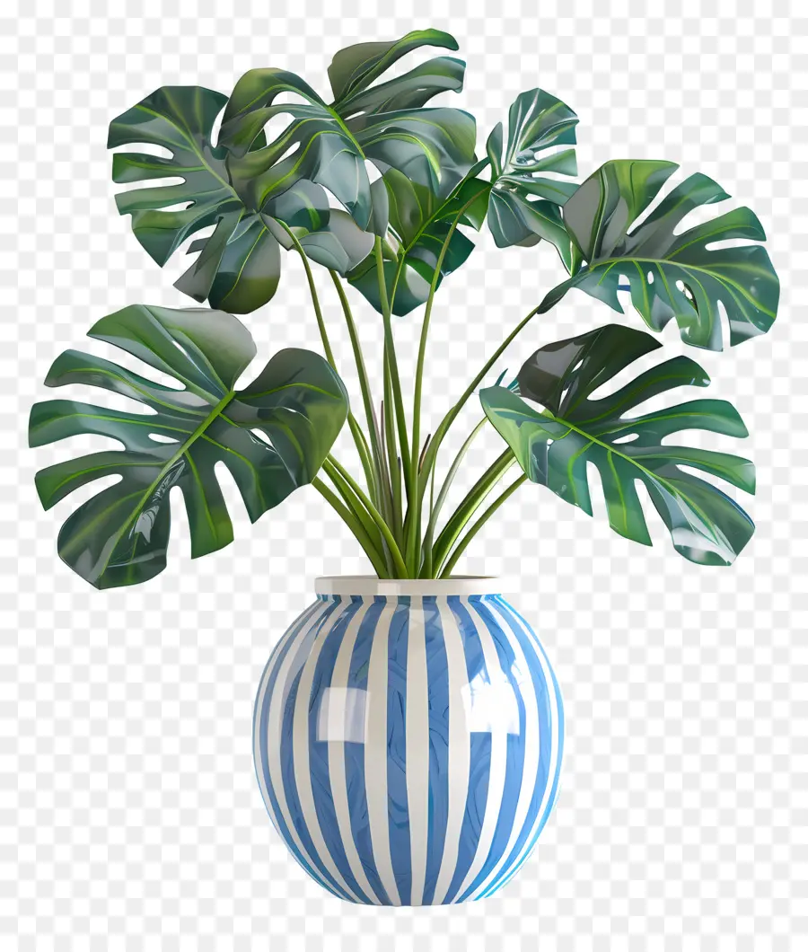 Plante Tropicale En Pot，Vase Rayé Avec Feuilles PNG