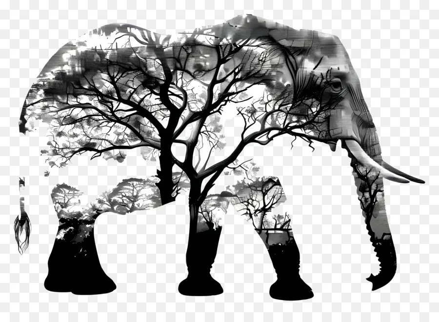 Silhouette D'éléphant，Éléphant Avec Des Arbres PNG