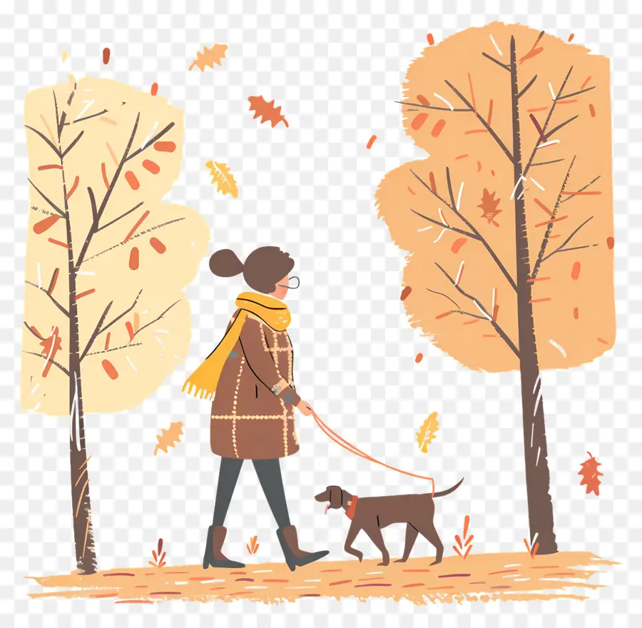 Femme Qui Promène Son Chien，Femme Promenant Son Chien En Automne PNG