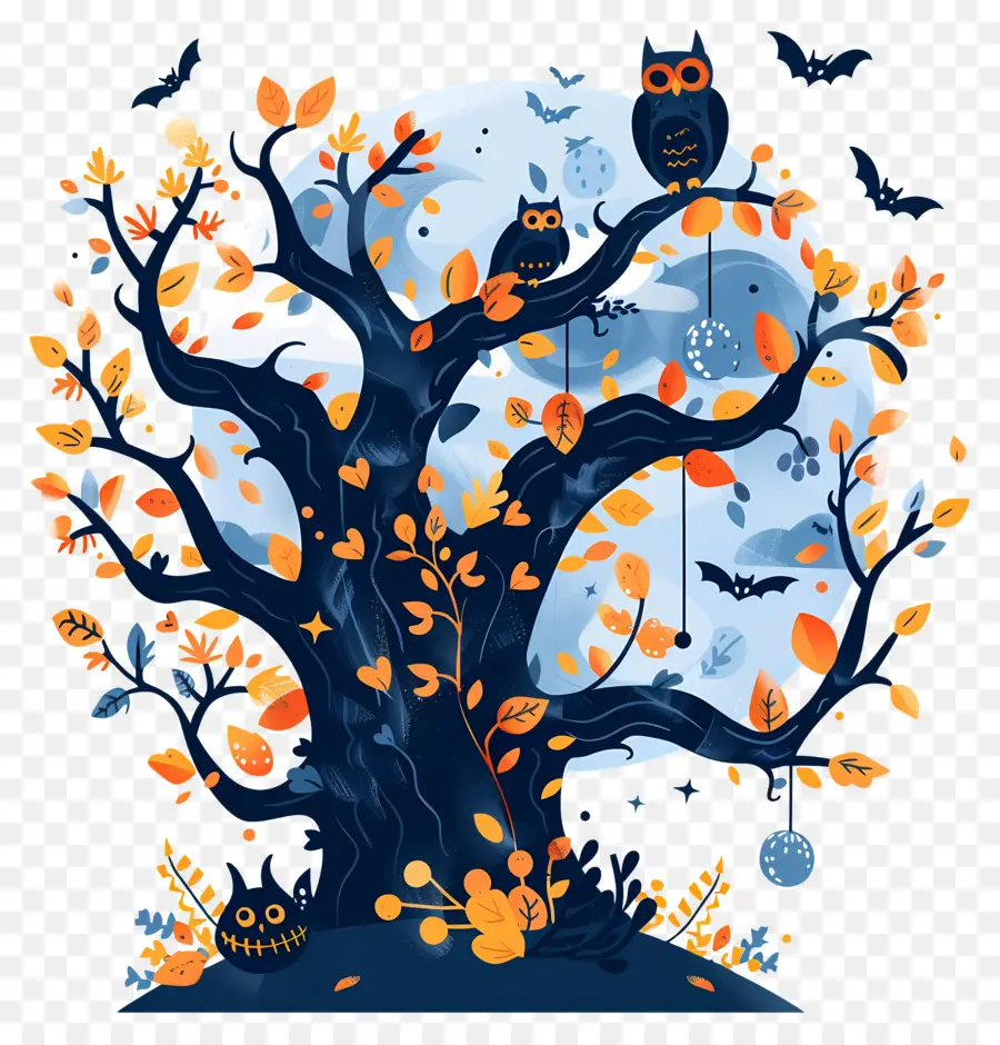 Chouette D'halloween，Arbre D'halloween PNG