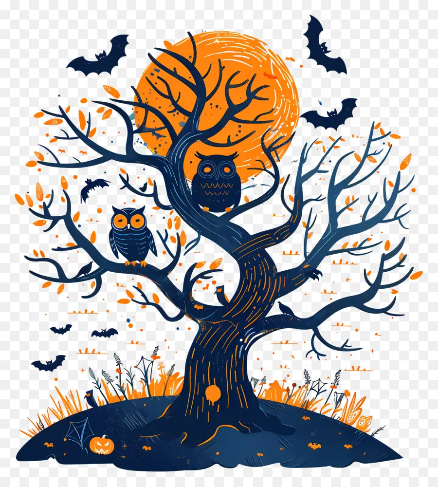 Chouette D'halloween，Arbre D'halloween PNG