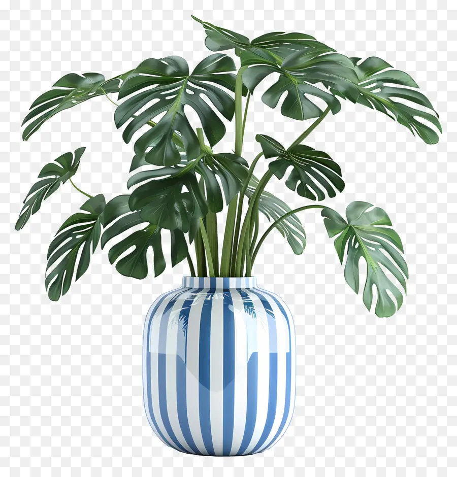 Plante Tropicale En Pot，Vase Rayé Avec Feuilles PNG