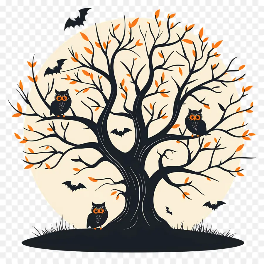 Chouette D'halloween，Arbre D'halloween PNG